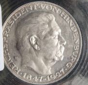 1 Münze, Weimarer Republik, Reichspräsident von Hindenburg, 1847-1927, Silber.