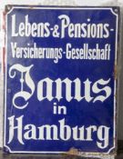 Emailschild "Versicherungs-Gesellschaft Janus", hochrechteckiges Schild, leicht gewölbt, vier