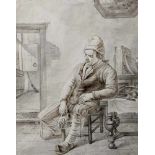 Unbekannter Maler (wohl 18./19. Jahrhundert), Interieur mit Mann auf Stuhl sitzend, den li. Arm
