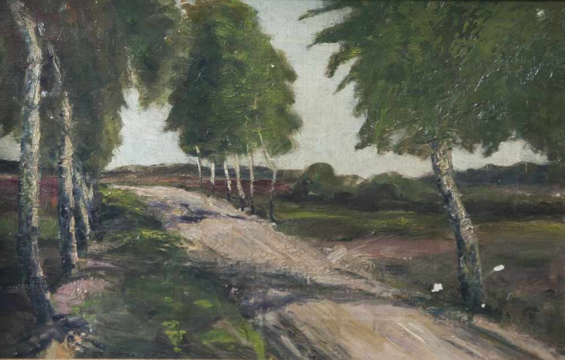Unbekannter Maler (20. Jahrhundert), Von Birken gesäumter Heide-Feldweg, Öl/Lw., li. u. unles. sign.