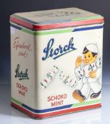 Blechdose "Schoko-Mint-Bonbons", Storck, farbig staffiert, mit Scharnierdeckel. H. ca. 27 cm, Br.