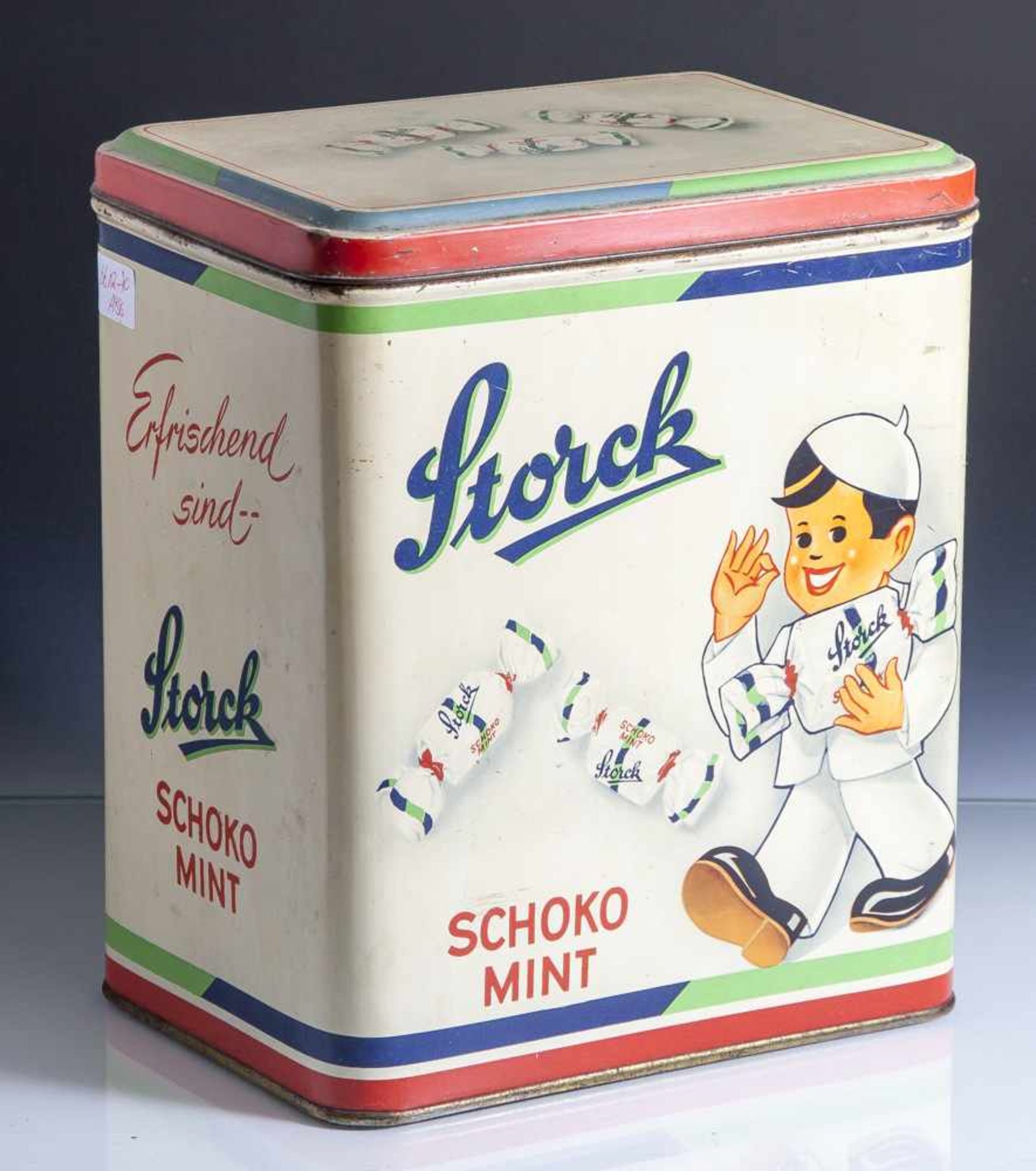 Blechdose "Schoko-Mint-Bonbons", Storck, farbig staffiert, mit Scharnierdeckel. H. ca. 27 cm, Br.