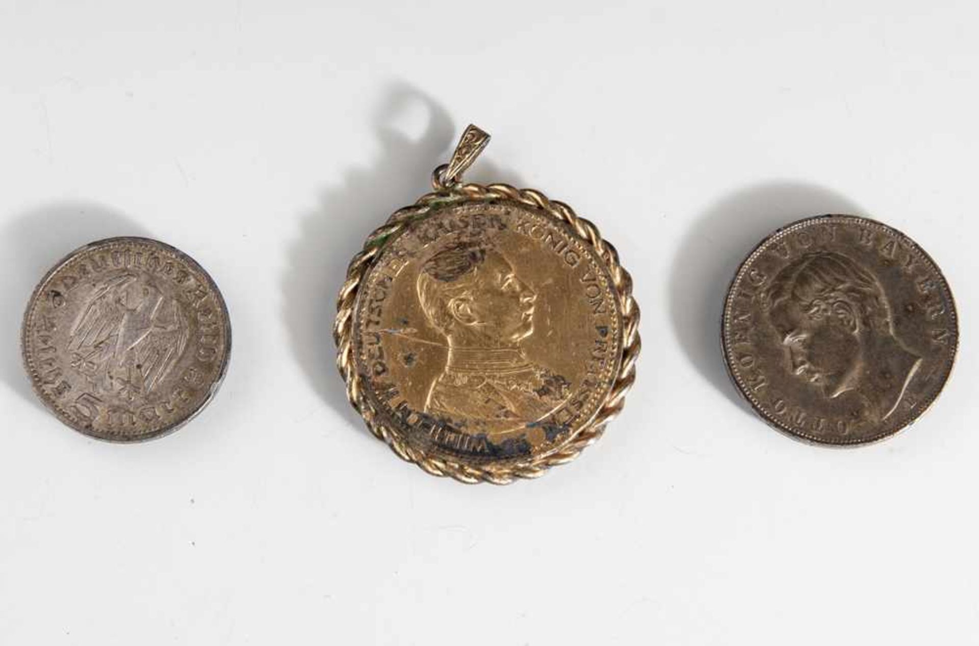 3 Münzen, Drei Mark, Otto König von Bayern 1913, Fünf Mark, Wilhelm II, 1913, 5 Mark, Paul von
