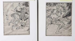 2 Holzschnitte, Japan, Alter unbekannt, bestehend aus: a) Krieger auf einem Pferd, b) Dämonische