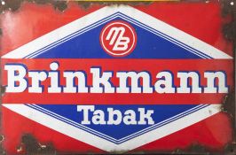 Emailschild, "Brinkmann Tabak", rechteckiges, leicht gewölbtes Schild, vier Bohrungen, auf blau-