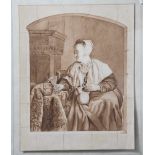 Poelman, C. (18./19. Jahrhundert), Bauersfrau mit Glas u. Krug in den Händen, Aquarell in Braun-