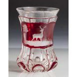 Biedermeier-Becherglas, 19. Jahrhundert, farbloses Glas, partiell rot überfangen, 6-fach