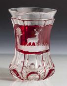 Biedermeier-Becherglas, 19. Jahrhundert, farbloses Glas, partiell rot überfangen, 6-fach