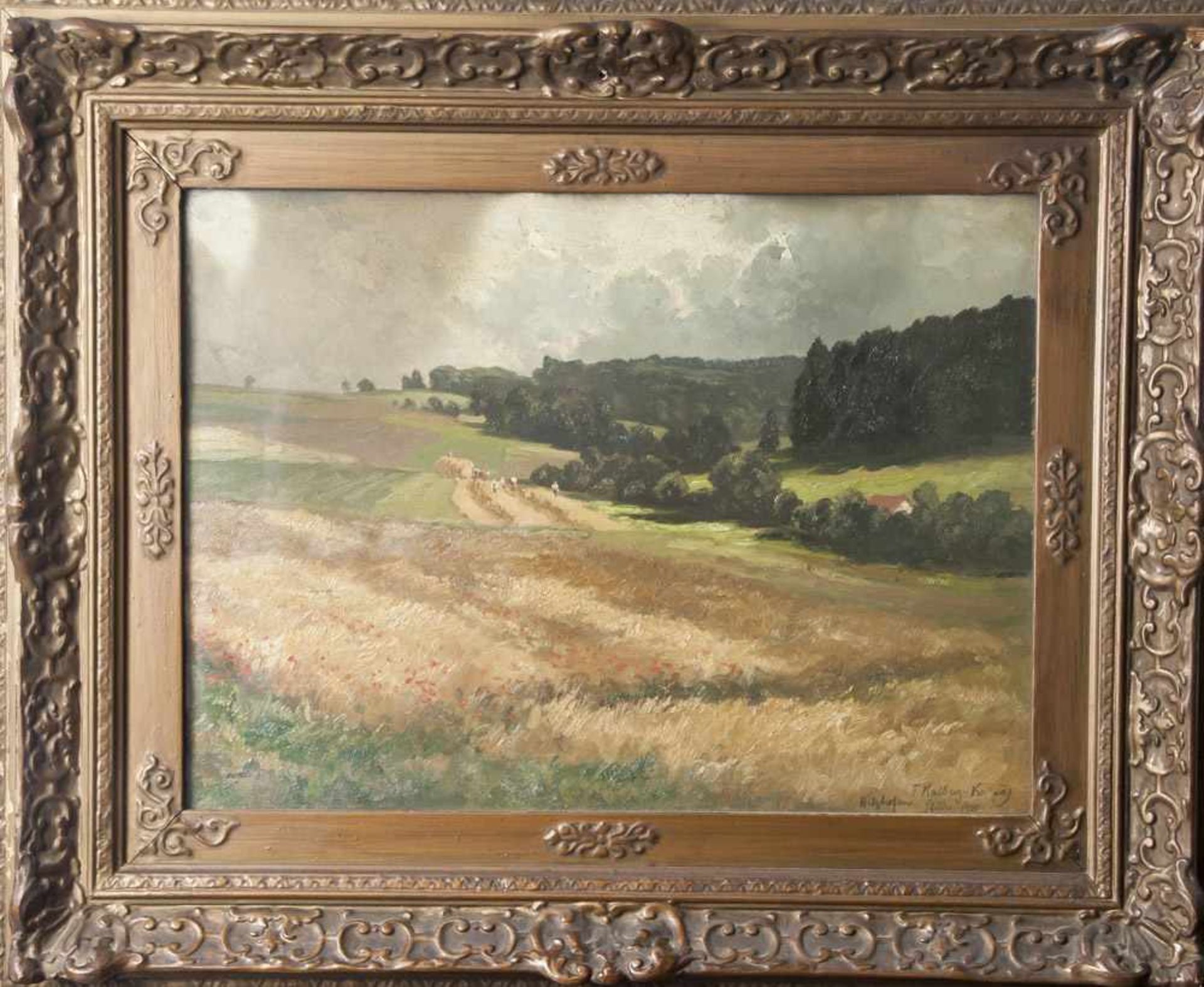 Halberg-Krauss, Fritz (1874-1951), Hügelige Spätsommerlandschaft mit Bauern bei der Strohernte, Öl/