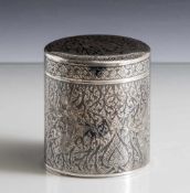 Teedose, Sterling Silber 925, Thailand, zylindrische Form, umlaufend in Niello mit figürlichem und