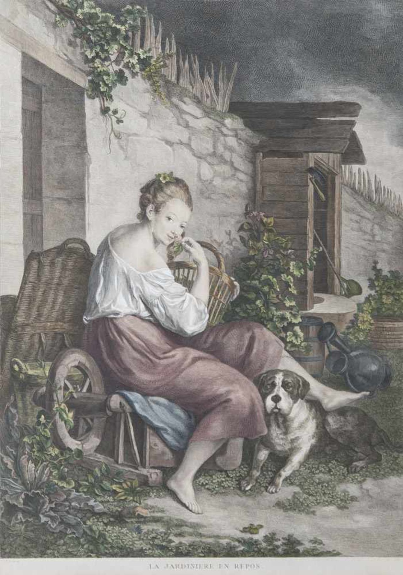 Altkolorierter Kupferstich nach De Peters, Jean Antoine (1725-1795), "La jardinière en repos", in