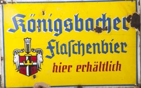 Emailschild, "Königsbacher Flaschenbier", gewölbtes Schild in Rechteckform, 4 Bohrungen, auf
