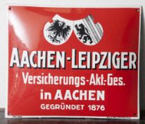 Emailschild "Aachen-Leipziger", gewölbtes Schild in Rechteckform, vier Bohrungen, in weißen, teils