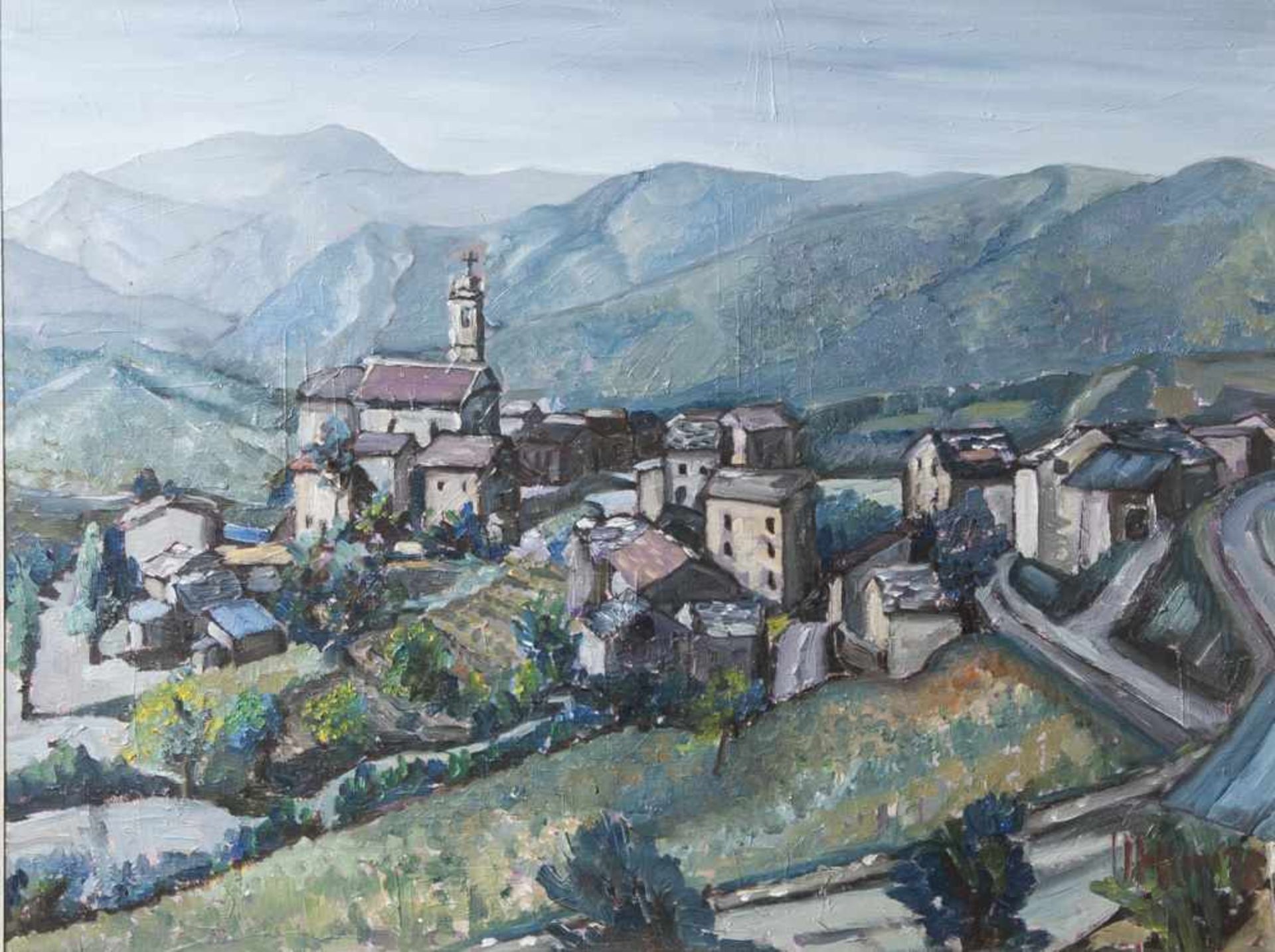 Unbekannter Künstler (20. Jahrhundert), Tiroler Landschaft mit Ortsansicht, Öl/Lw, re. u.