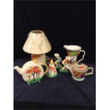 Past Times copies of Clarice Cliff Bizarre Ware ceramics, pitcher, pair of candlesticks, two