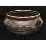A glass bowl with hallmarked silver rim, London 1919