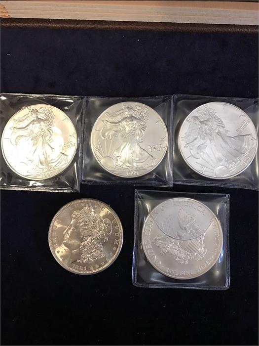 Five American silver dollars, various years - Bild 4 aus 5