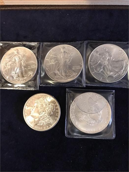 Five American silver dollars, various years - Bild 5 aus 5