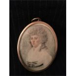 Miniature of the English School, A Lady, wearing white dress, the bodice crossed with black