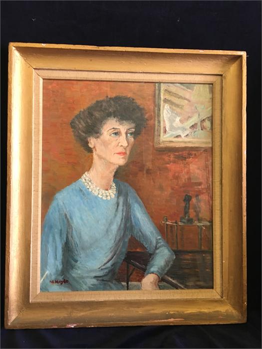 A Portrait of a lady in a blue dress with pearl necklace (See additional photo for signature)