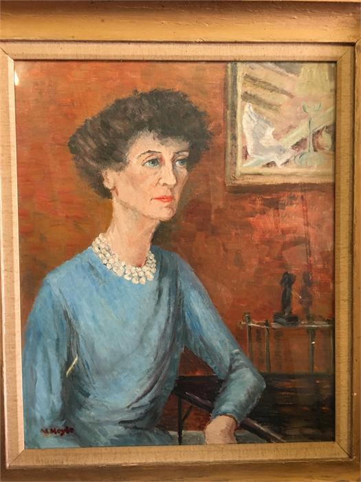 A Portrait of a lady in a blue dress with pearl necklace (See additional photo for signature) - Image 2 of 3