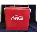 A 1930s/40s enamel cooler box with Coca Cola in white over red enamel and steel carry handle