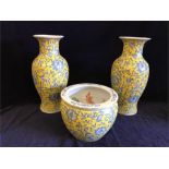 20thCentury Oriental pair of vases and traditional goldfish bowl in blue and yellow