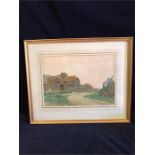 A rare watercolour by Brianski of Country House and Lane