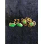 Two pairs of 14k gold and jade earrings