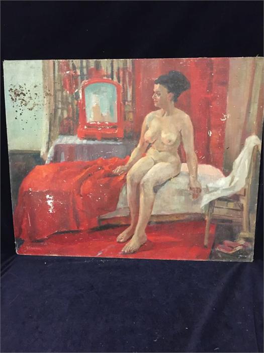 Oil of a Nude in a Bedroom setting signed N Chapman (76cm x 61cm) Unframed in need of restoration