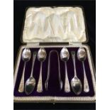 Boxed set of silver teaspoons and sugar nips Makers Mark J.R Sheffield 1903-04