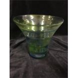 Stevens & Williams Rainbow flared glass vase. Blue & Green cased in clear crystal with optic ribbing