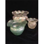 John Walsh Walsh Art Nouveau iridescent glass bowl 180mm Dia & two vases 8 and 9.5cms c.1900