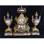 A porcelain Mounted Gilt Matched Mantel Clock Garniture, French Circa 1890