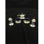 A full set of silver cruets, makers mark HM, hallmarked Birmingham 1939 to include two salts with