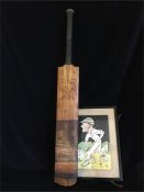 A Vintage Cricket Bat, signed and a Cricket themed picture
