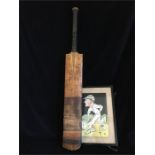 A Vintage Cricket Bat, signed and a Cricket themed picture