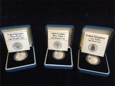 Boxed silver proof £1 coins 1986/87/88