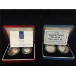 Silver proof coins 1990 UK 5 pence two coin set and 1992 UK 10 pence two coin set