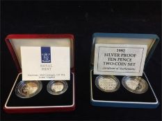 Silver proof coins 1990 UK 5 pence two coin set and 1992 UK 10 pence two coin set