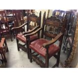 A Pair of carved, leather seated hall or carver chairs