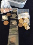 Plastic Box Containing quantity of Irish coins including 1928 half crown and penny, florins, pre-