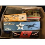 A Box of selected Vintage flying models with associated paints etc