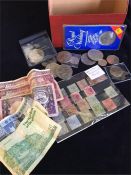 Red Box containing Victorian Stamps, Scottish bank note, 2002 Guernsey Five Pound Crown, Other