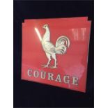 A Vintage Courage Pub sign with cockerel on red plastic with Courage lettering