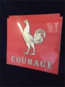 A Vintage Courage Pub sign with cockerel on red plastic with Courage lettering