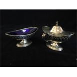 Silver salt and mustard with blue glass liners hallmarked London 1907-08