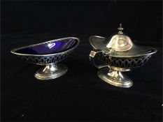 Silver salt and mustard with blue glass liners hallmarked London 1907-08