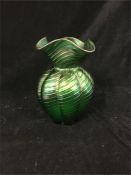 Kralik Green Iridescent threaded vase with polished pontil c.1900 16.5cm