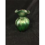 Kralik Green Iridescent threaded vase with polished pontil c.1900 16.5cm
